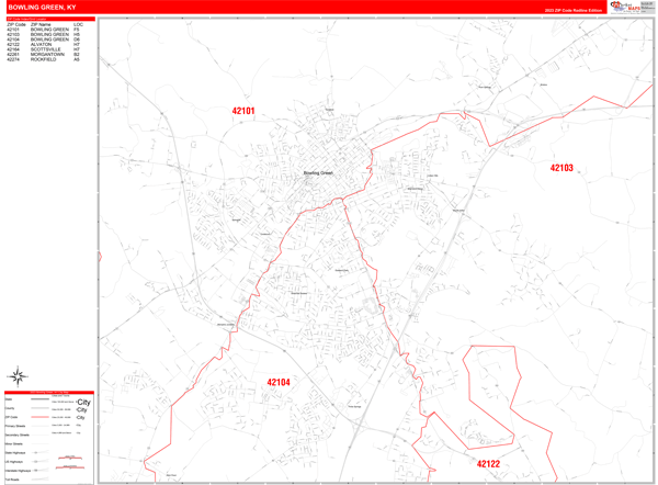 Bowling Green City Wall Map Red Line Style